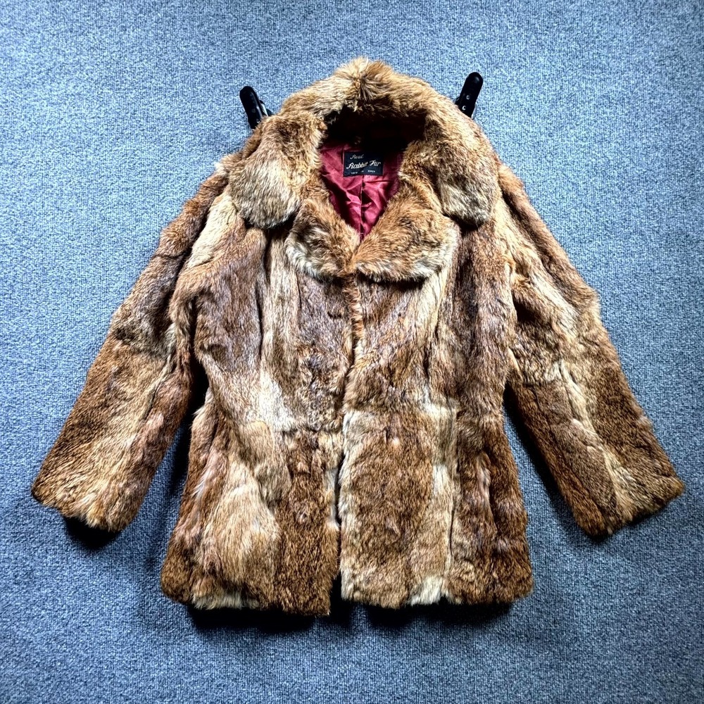 VTG Real Rabbit Fur Jacket Womens 11/12 Brown Natural Tone Lined Boho Chic Luxe